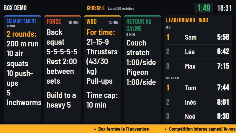 WhiteboardTV on a gym TV: warm-up, strength, WOD and cooldown in columns, a running timer and the RX and Scaled leaderboard.