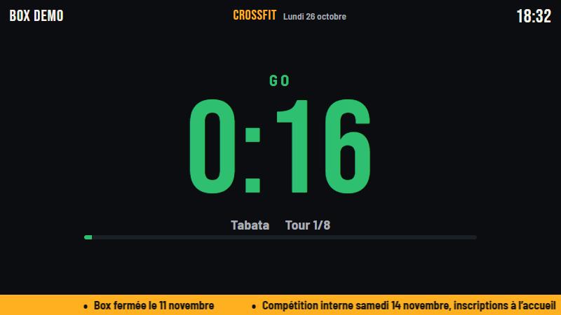 Full-screen Tabata timer on the TV, round 1 of 8, started from the coach's phone.